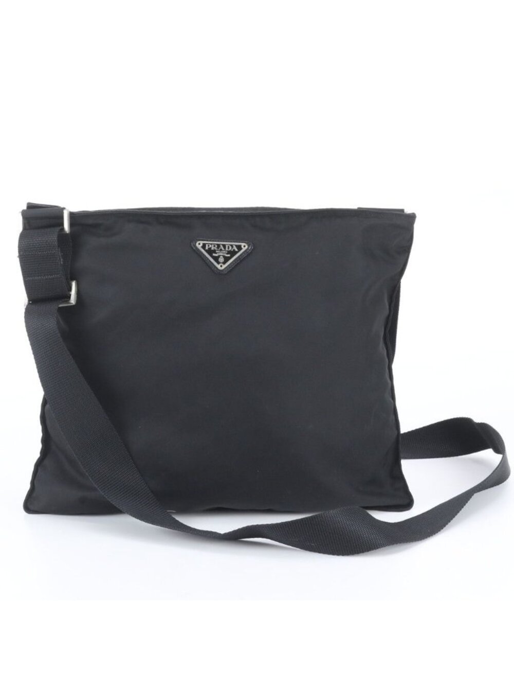 Prada Tessuto Nylon Triangle Logo Leather Shoulder Bag Messenger Black